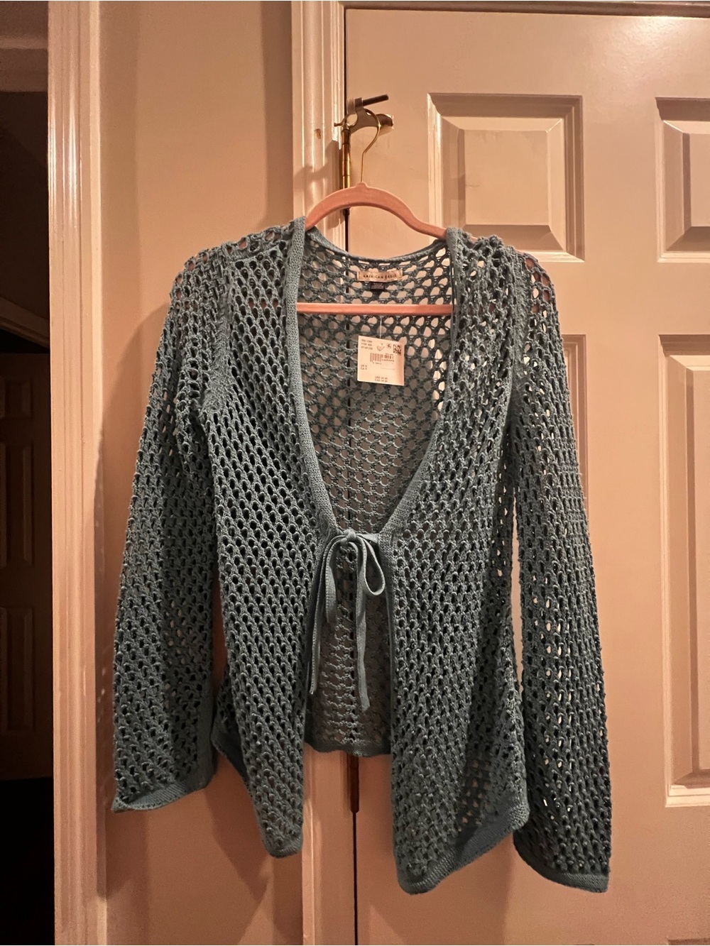 American Eagle Outfitters Open-Knit Tie-Front Cardigan - Dusty Blue